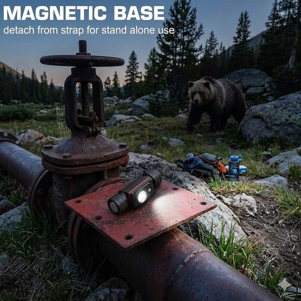 "Rechargeable headlamp detached from the strap and magnetically mounted to a metal pipe, used as a hands-free work light in an outdoor environment."