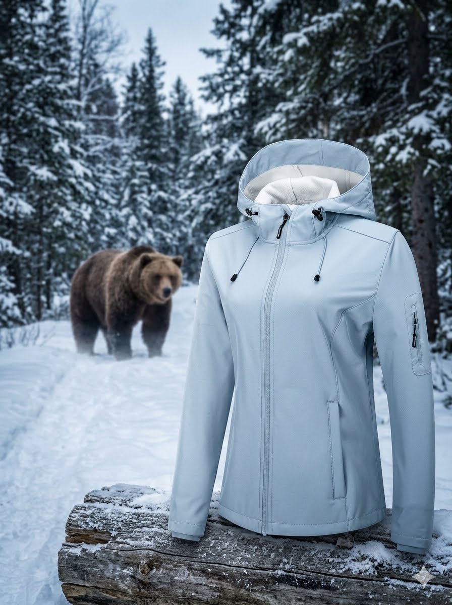 Person wearing a light blue jacket in a snowy forest with a bear in the background