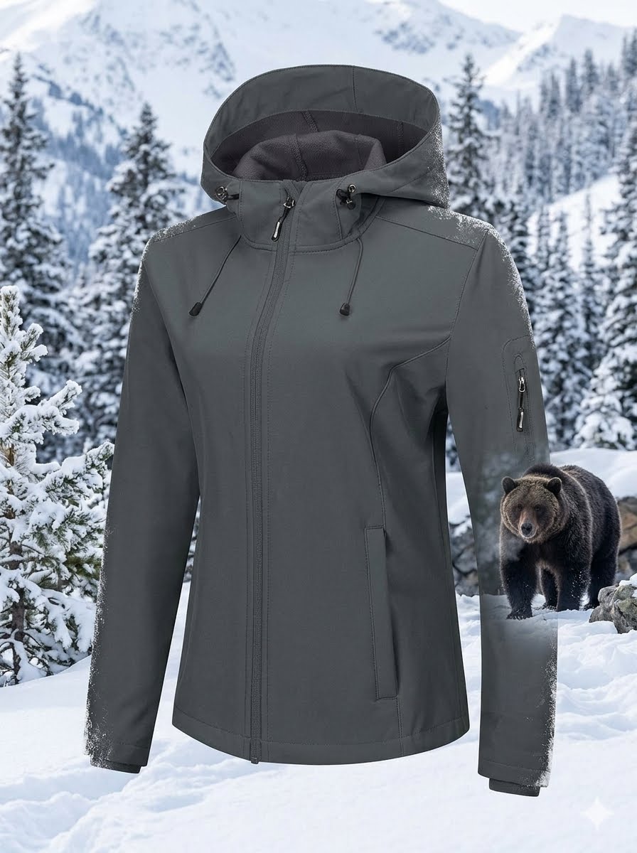 Gray jacket worn by a person in a snowy landscape with a bear in the background