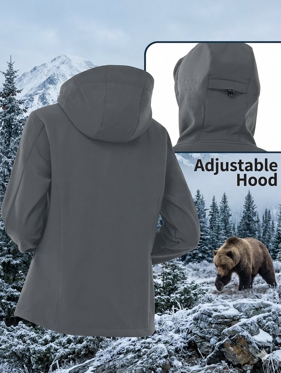 Person wearing a gray jacket with an adjustable hood in a snowy mountainous area with a bear.