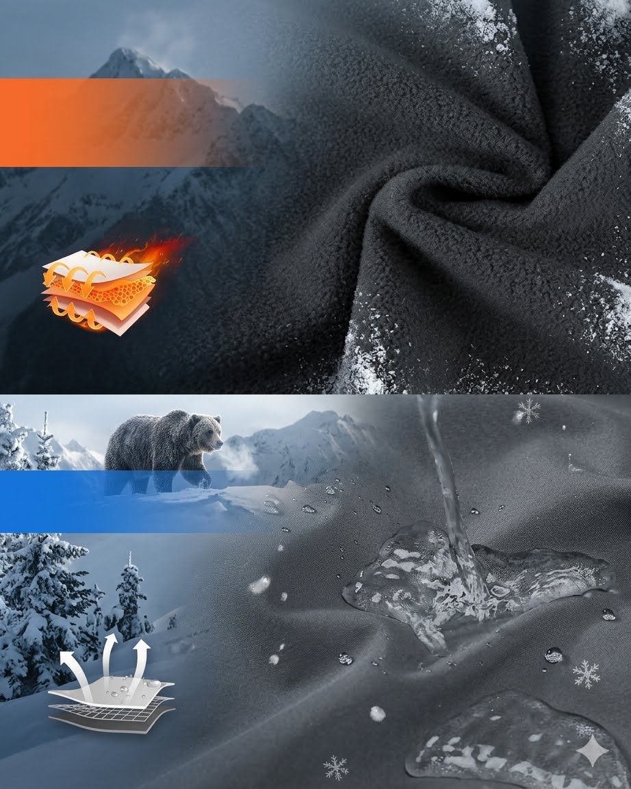 Textured black fabric with water droplets, mountain landscape, bear in snow, and water droplet on fabric.