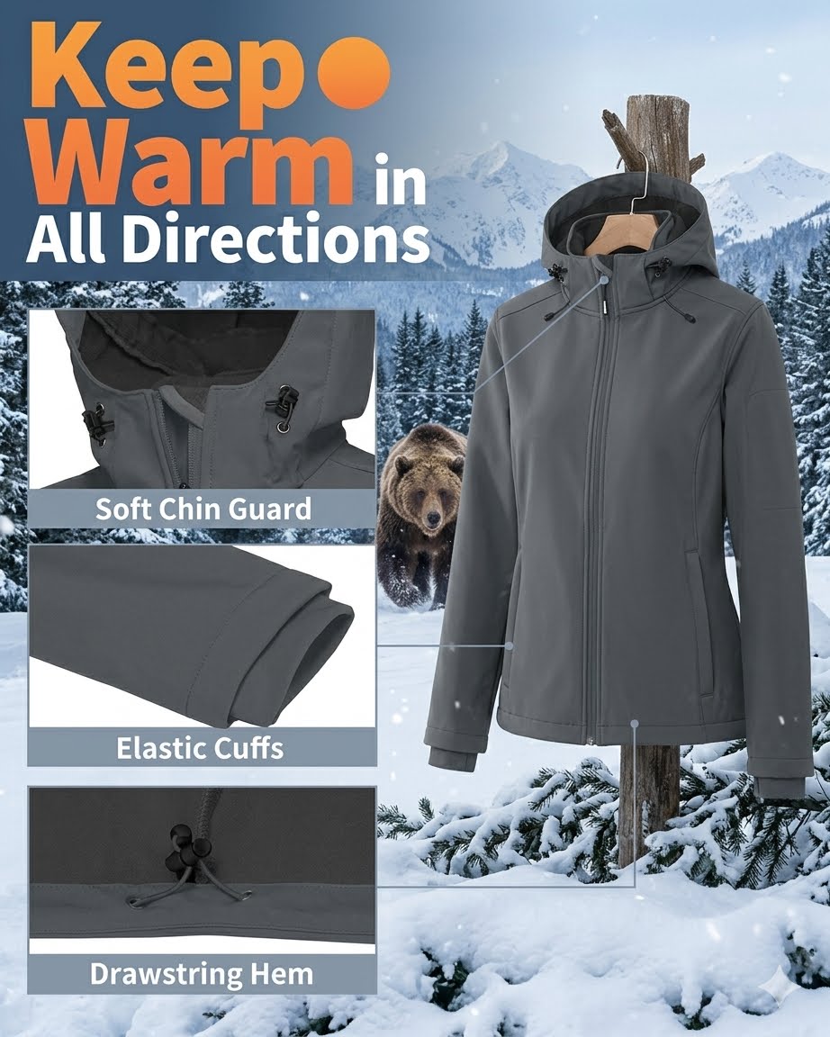 Gray winter jacket with features highlighted against a snowy background