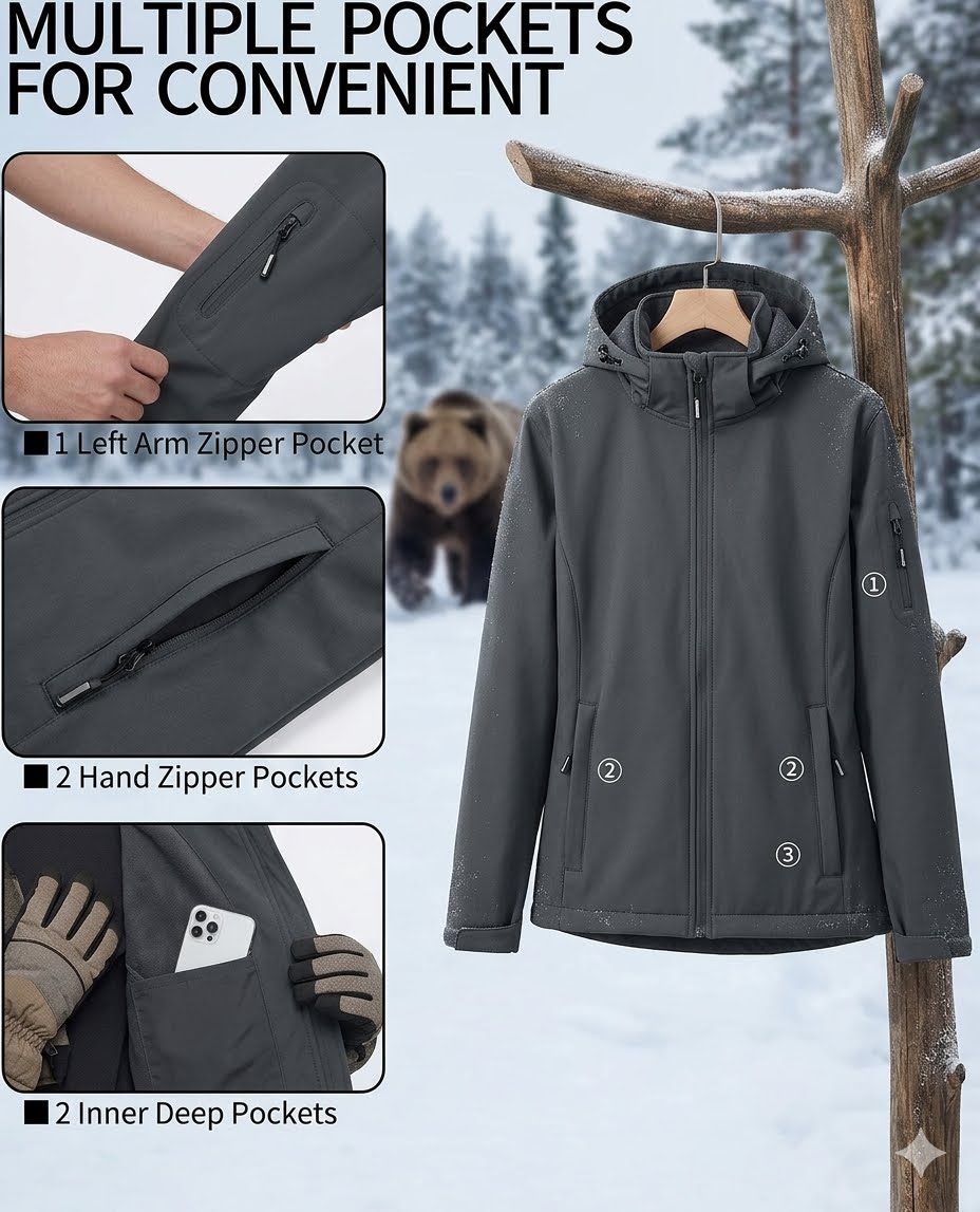Gray jacket with multiple pockets in a snowy landscape with a bear in the background