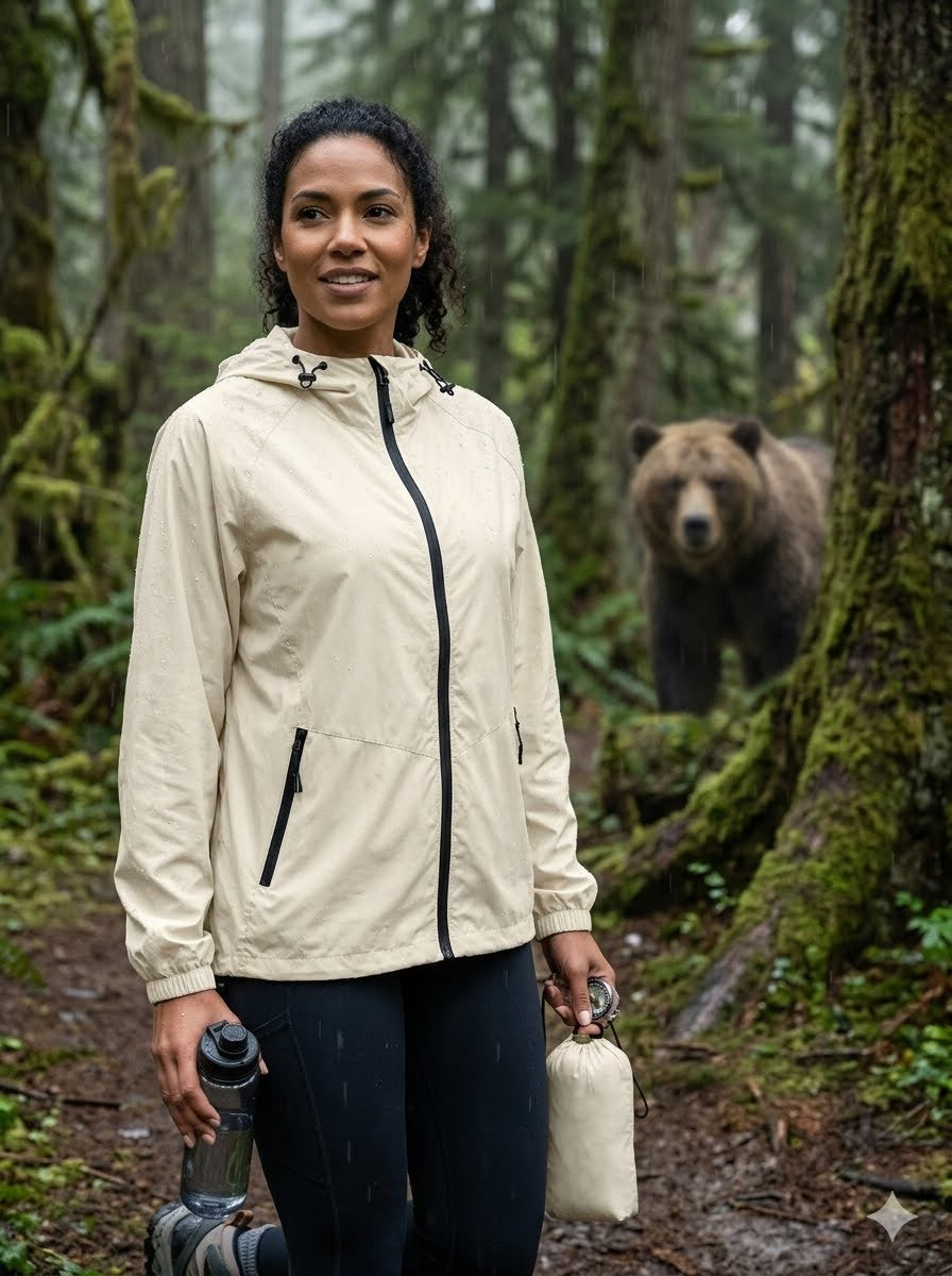 Woman in a beige jacket standing in a forest with a bear in the background Big Green Bear