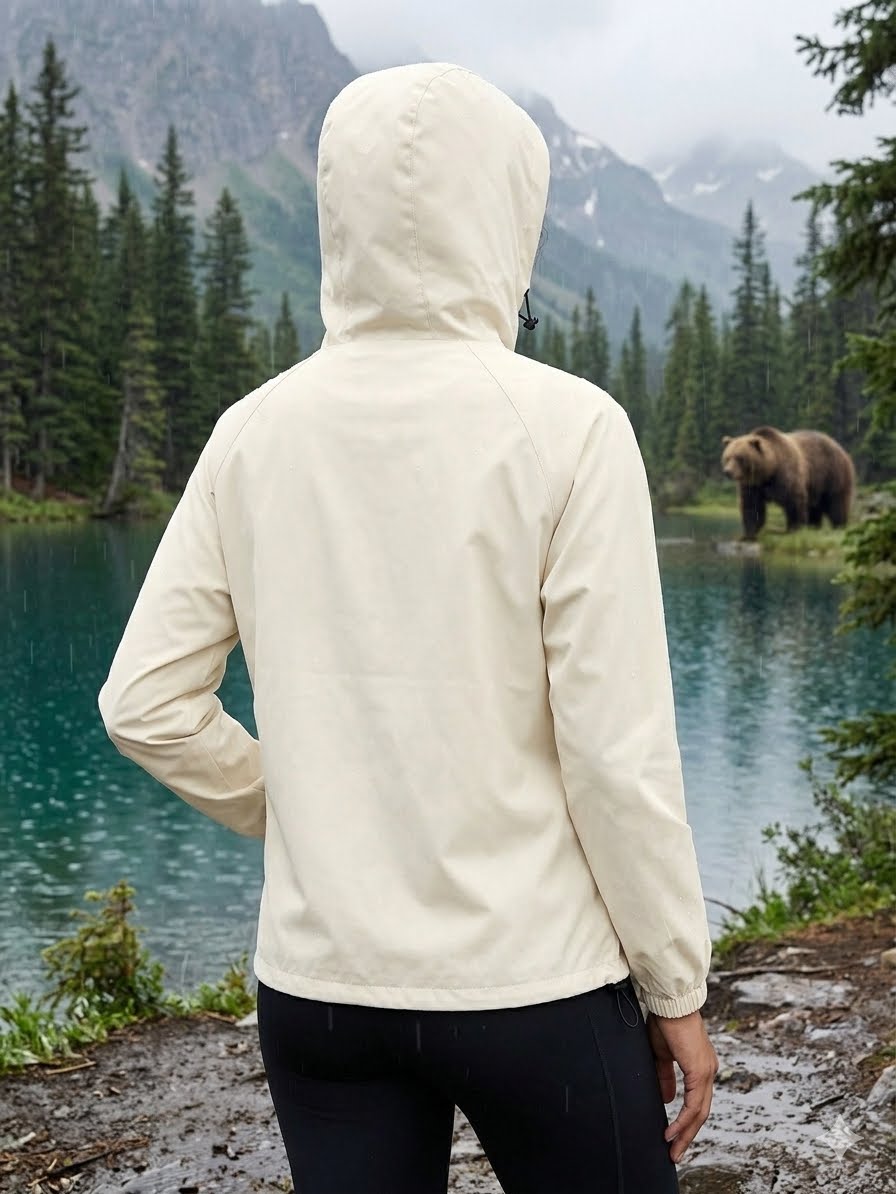 Person wearing a beige hooded jacket looking at a bear by a lake with mountains in the background