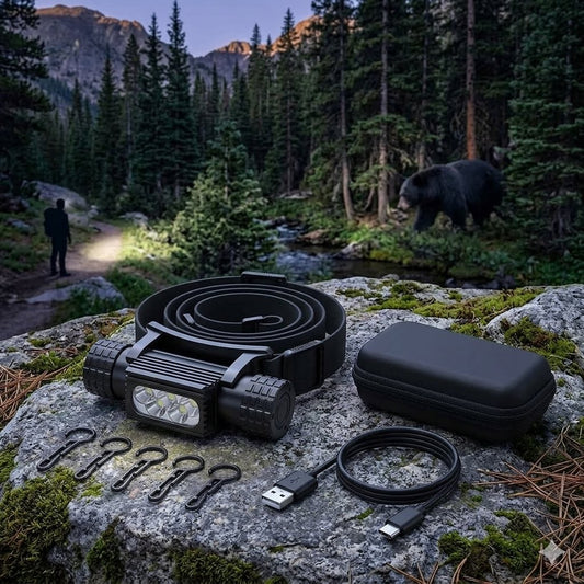 “Exploded view diagram of a high-power 2000 lumen LED headlamp showing internal components: 2600mAh battery, aircraft-grade alloy body, and USB-C port, set against a forest background with a bear.” Big Green Bear