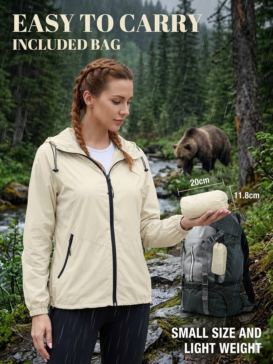 Woman in a beige jacket holding a bear in a forest with text about the jacket's features.
