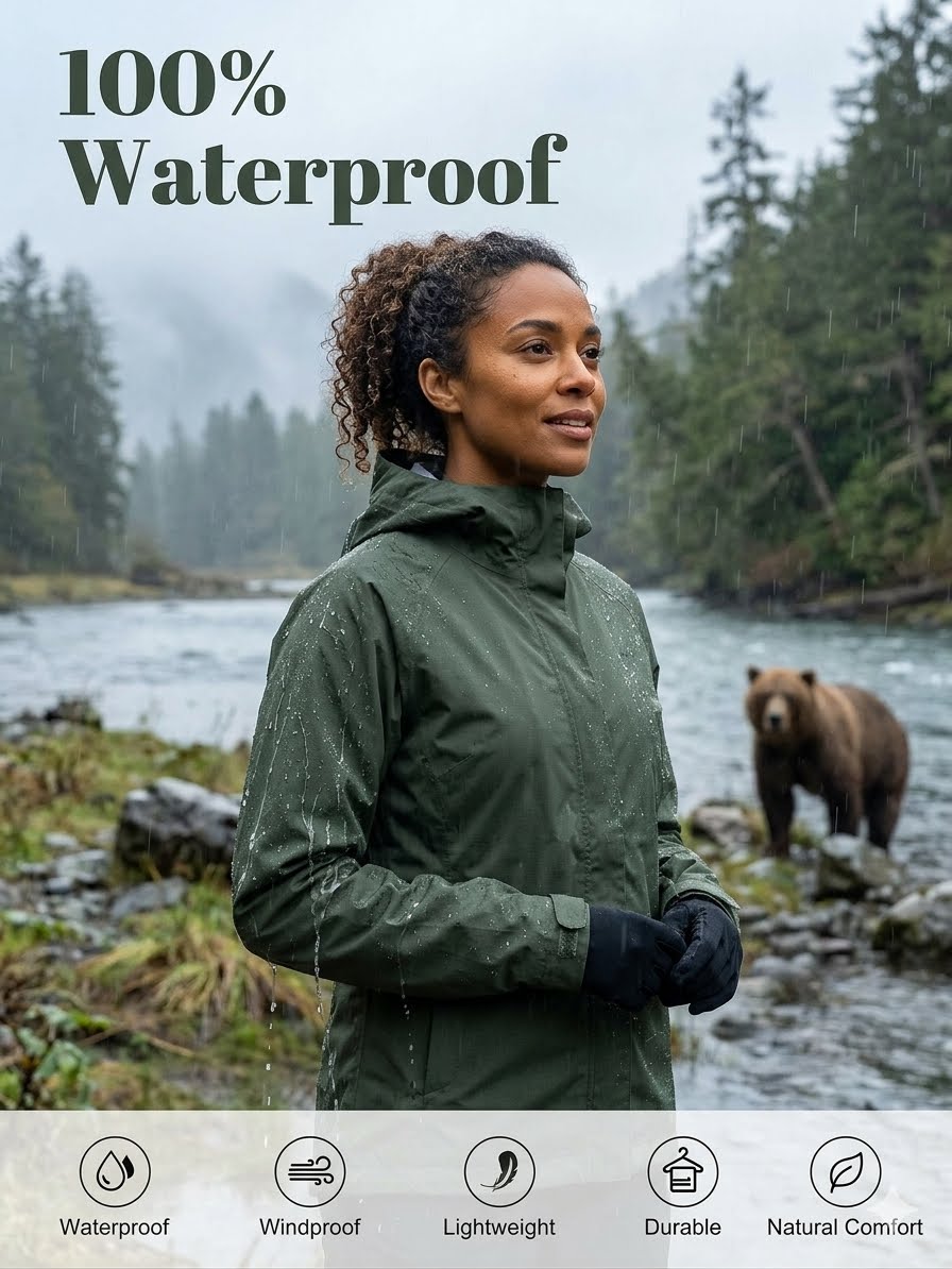 Person wearing a green waterproof jacket with a bear in the background, surrounded by nature.
