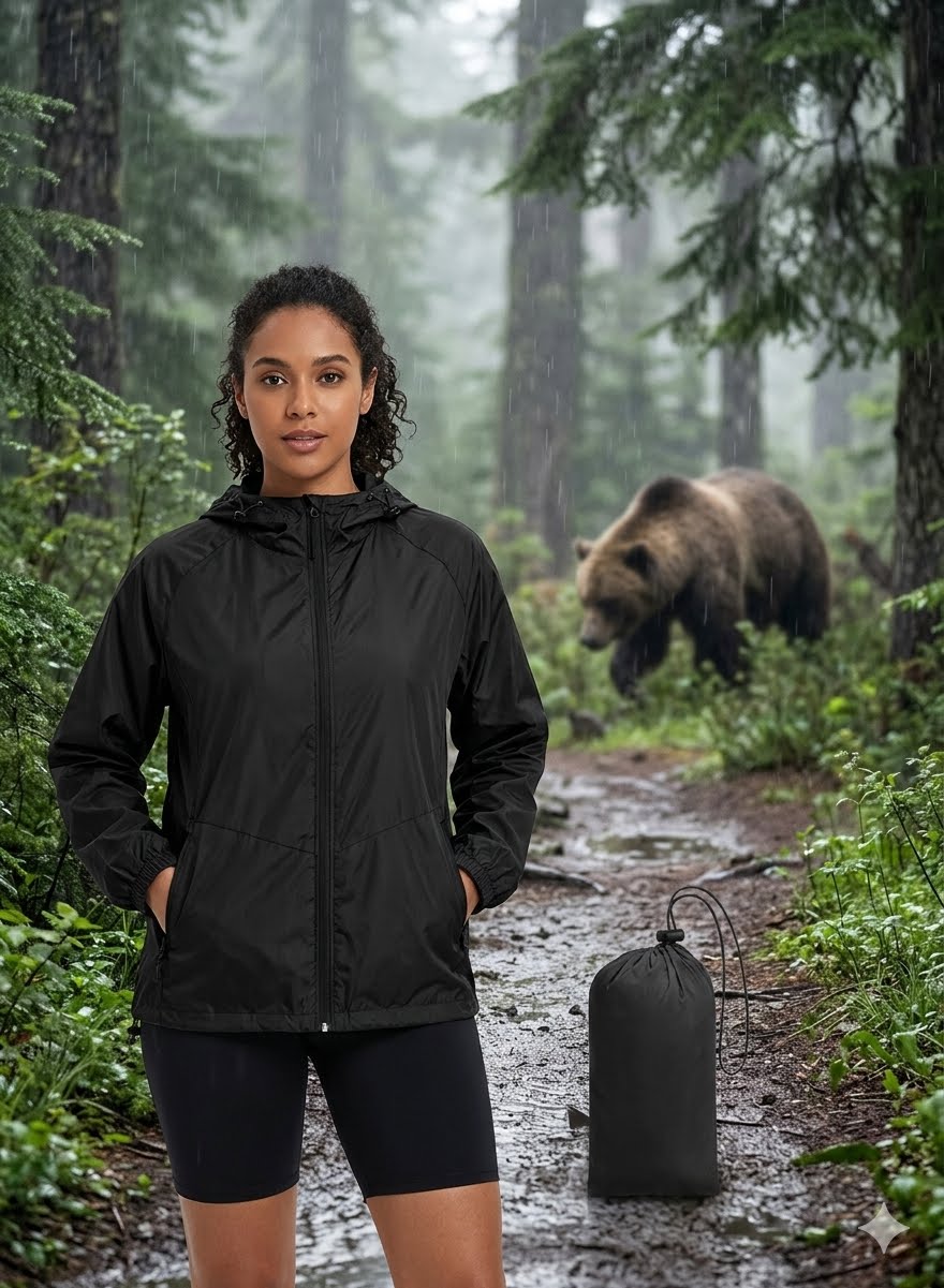 Woman in a black jacket standing in a forest with a bear in the background Biggreenbear.com