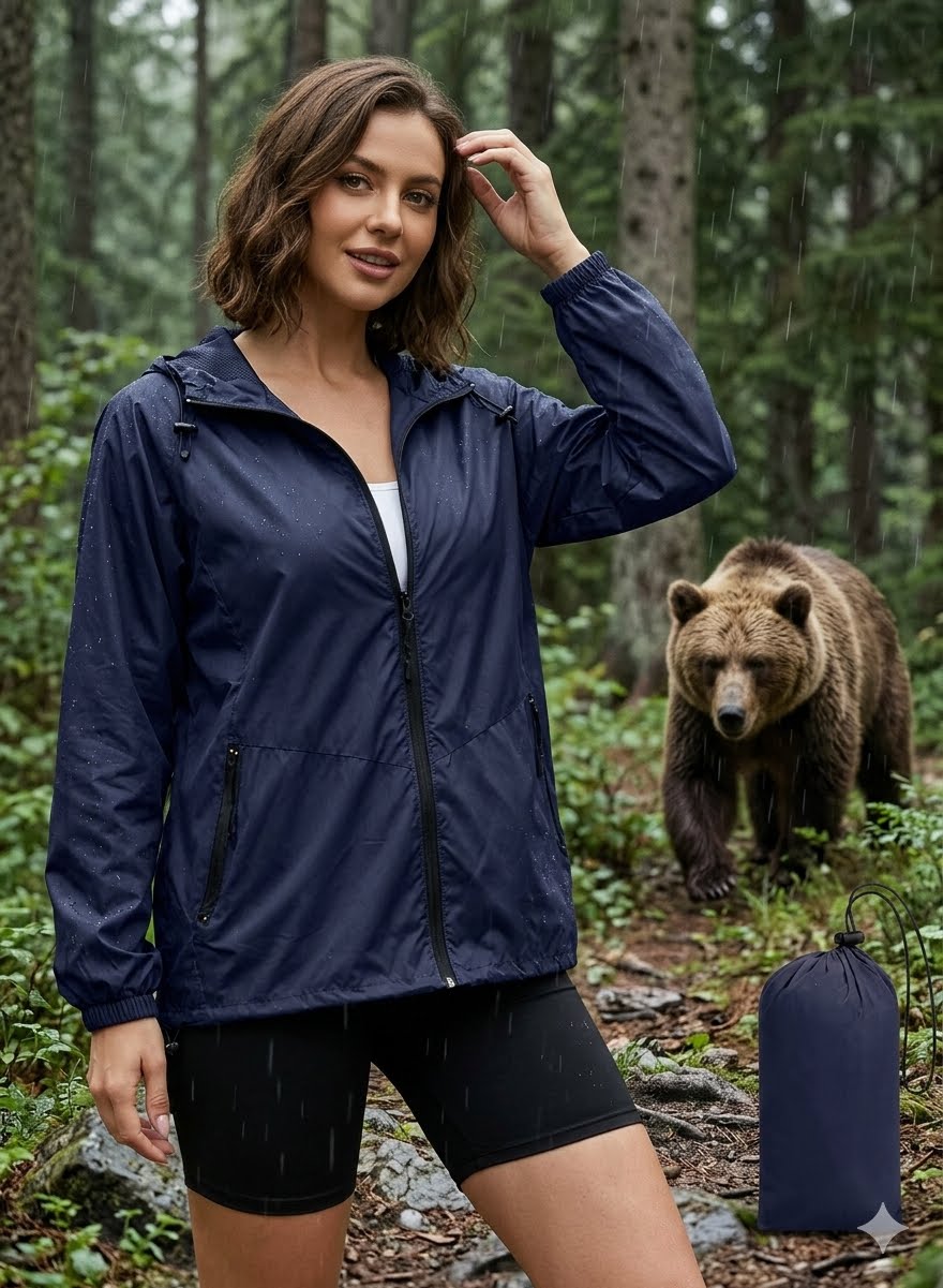 Woman in a navy blue jacket standing in a forest with a bear in the background Big Green Bear