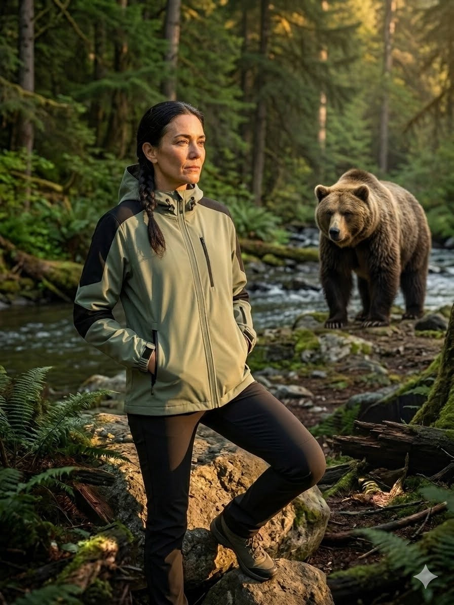 Woman in a forest with a bear near a stream