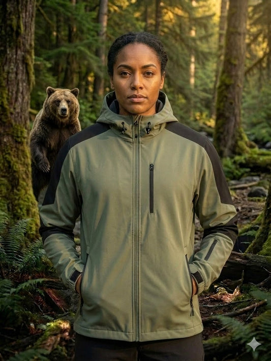 Person wearing a green jacket standing in a forest with a bear in the background Big Green Bear