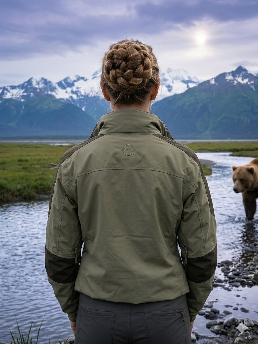 Person in a green jacket standing by a river with mountains and a bear in the background
