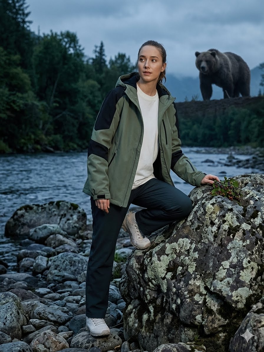 Woman sitting on a rock by a river with a bear in the background