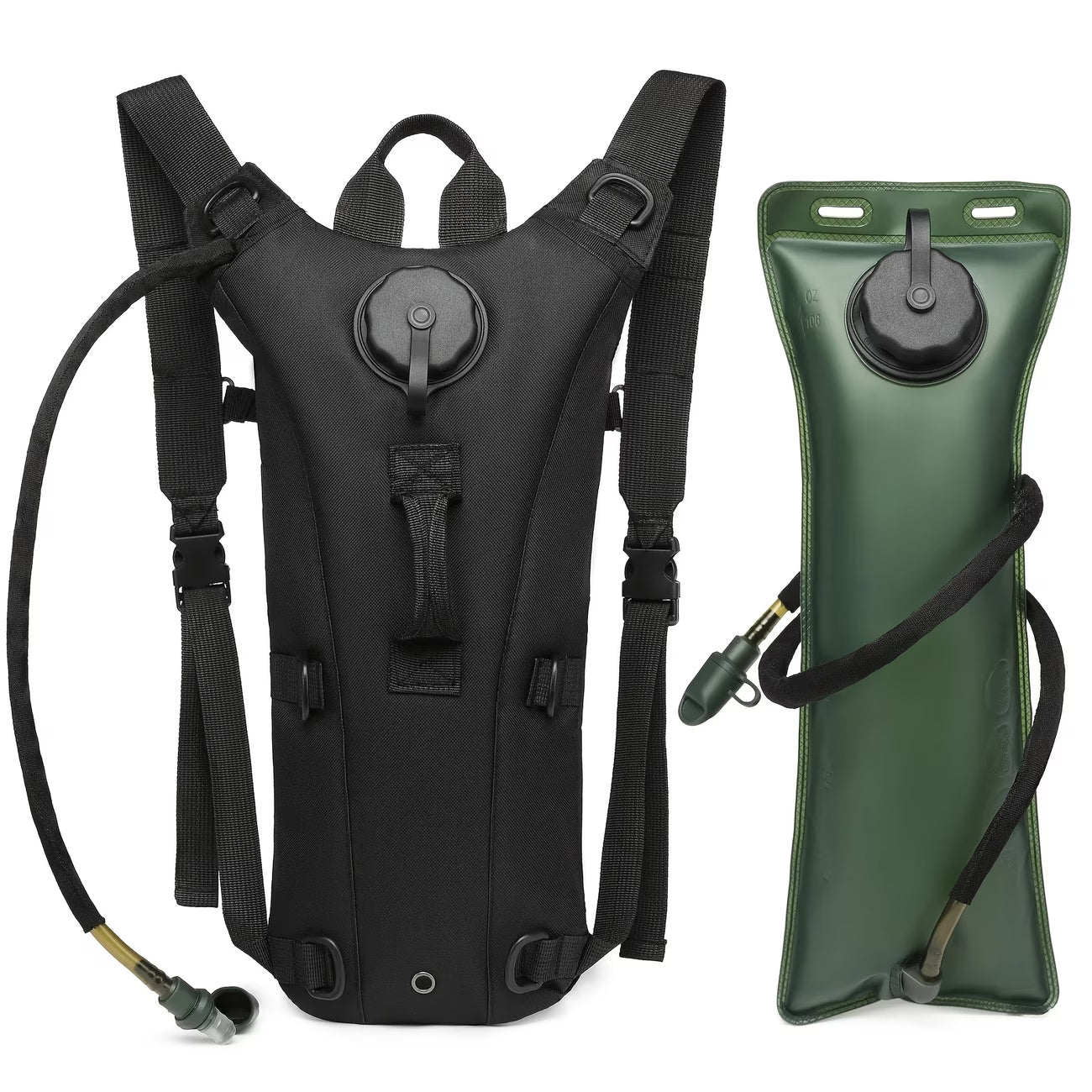 Black hydration backpack and green bladder on a white background