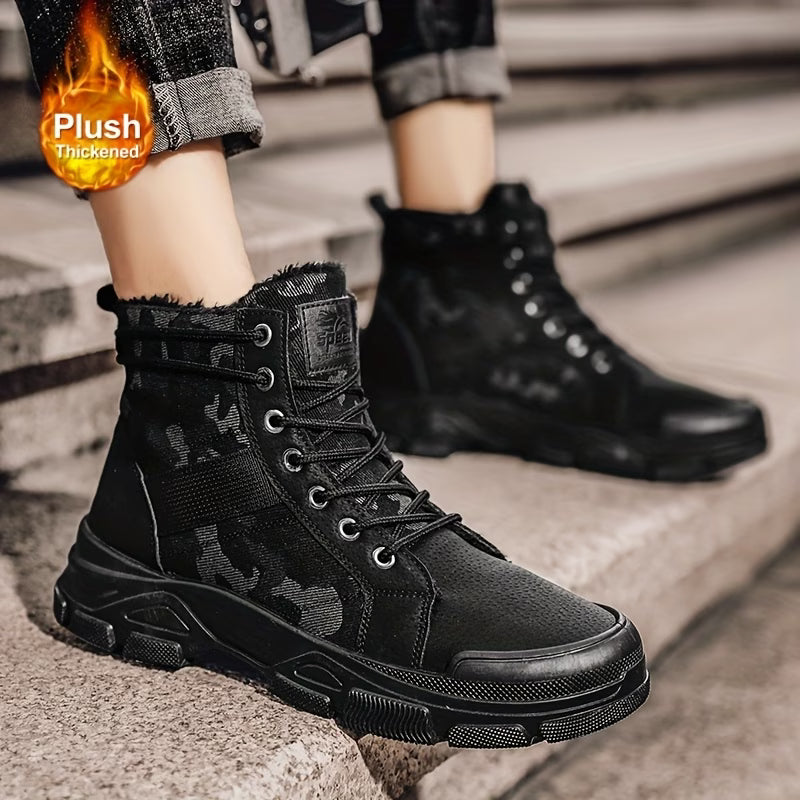 Black tactical boots with camouflage pattern on a stone surface, featuring a 'Plush Thickened' label.