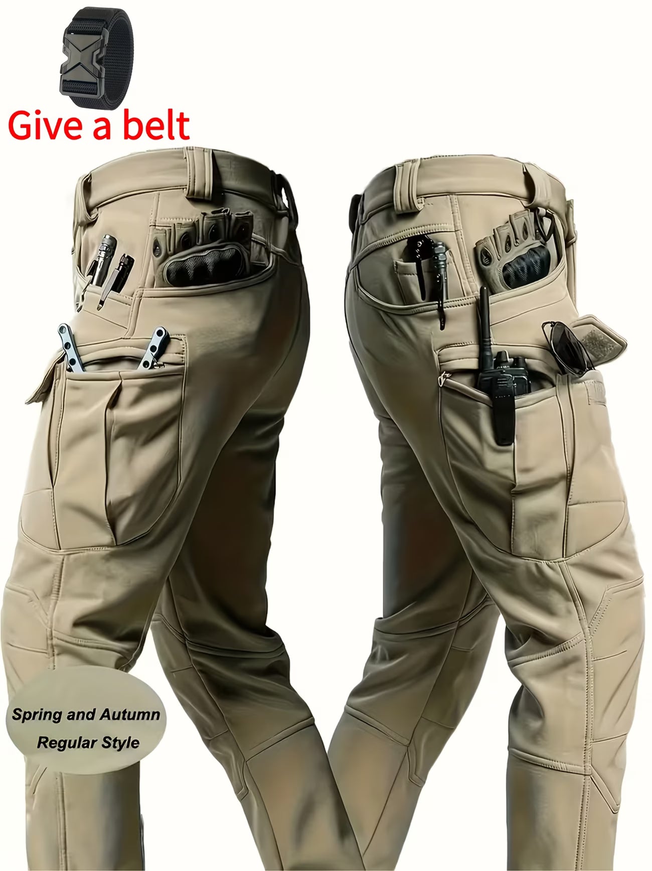 Beige tactical pants with multiple pockets and attachments on a white background