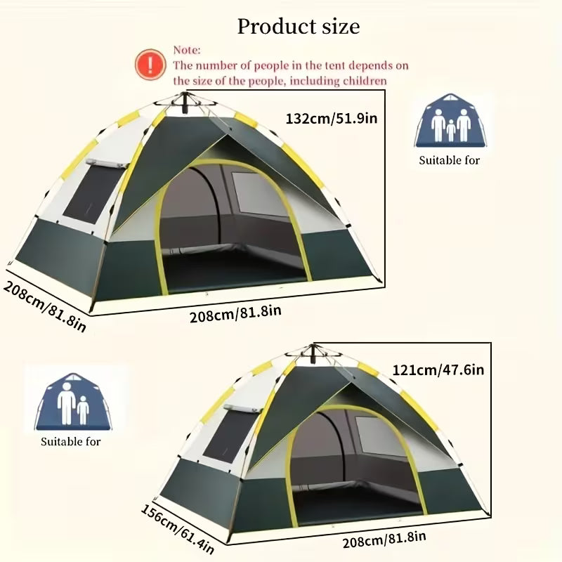 Camping tent with dimensions and suitability for different numbers of people.