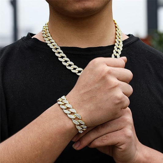 NEW! Cuban Link Chain and Bracelet Set for Men Iced Out Diamond Jewelry -  BigGreenBear.com jewelry 29.99 USD Big Green Bear
