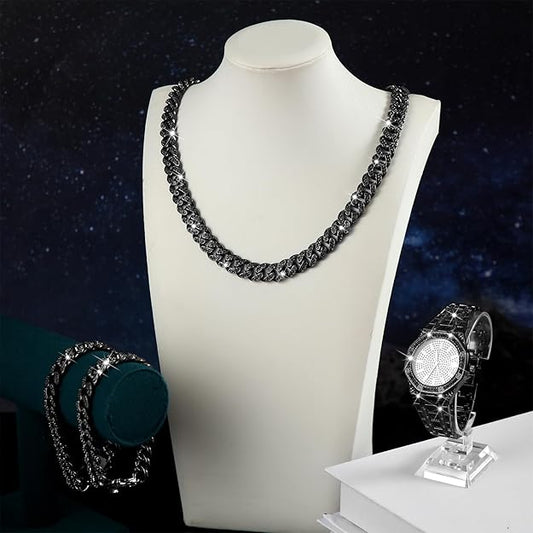 NEW! Cuban Link Chains Artificial Diamond Jewelry Set Necklace Bracelet Watch -  BigGreenBear.com jewelry 34.55 USD Big Green Bear