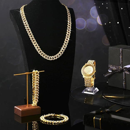 NEW! Hip Hop Cuban Link Chains for Man Artificial Diamond Jewelry Set -  BigGreenBear.com jewelry 39.99 USD Big Green Bear