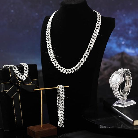 Silver Cuban Link Chains Artificial Diamond Jewelry Set Necklace Bracelet Watch -  BigGreenBear.com jewelry 35.78 USD Big Green Bear