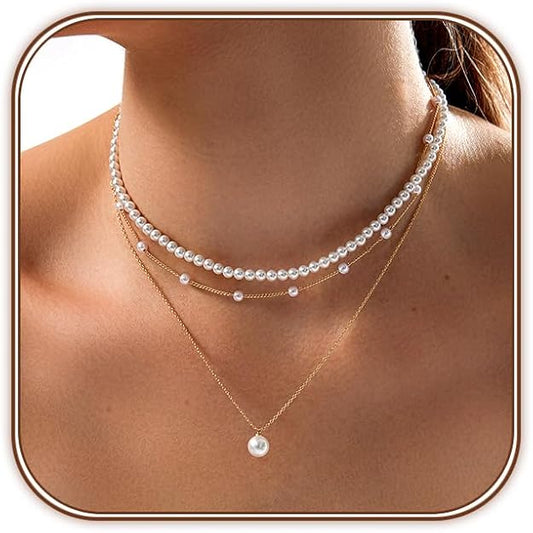 NEW! Stunning 3PCS Gold Plated Layered Pearl Choker Necklace