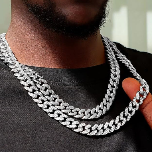 NEW! 2PCS Cuban Link Chain for Men Silver Plated Bling Diamond Chain -  BigGreenBear.com jewelry 19.99 USD Big Green Bear