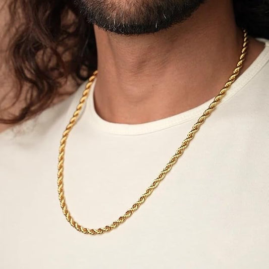 NEW! Men's 4mm 18K Real Gold Plated Stainless Steel Rope Chain Necklace Jewelry -  BigGreenBear.com jewelry 9.99 USD Big Green Bear