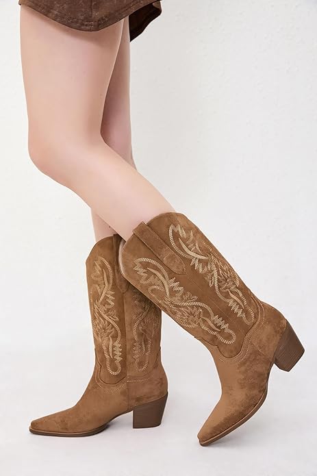 Cowgirl Boots Women Knee High Boots Pointed Toe and Block Heel with Embroidered -  BigGreenBear.com boots 89.99 USD Big Green Bear