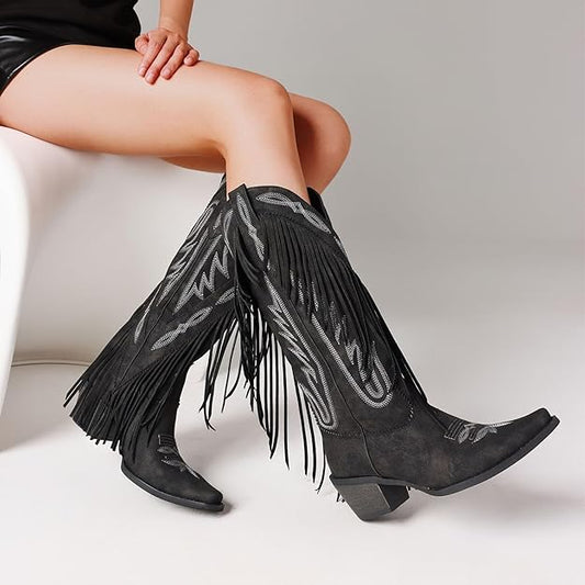 Women Fringe Knee High Cowgirl Western Boots with Classic Embroidery Pointed Toe Chunky Heel -  BigGreenBear.com boots 89.99 USD Big Green Bear