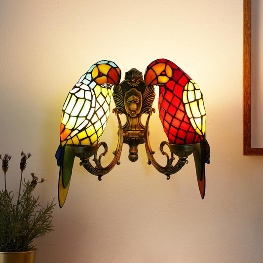 Tiffany Style Parrot Wall Sconce 2 Lights Handmade Stained Glass Wall Light -  BigGreenBear.com table lamp 139.99 USD Big Green Bear