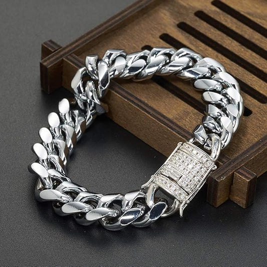 Mens Miami Cuban Link Chain Bracelet White 15mm Stainless Steel Curb -  BigGreenBear.com jewelry 24.50 USD Big Green Bear