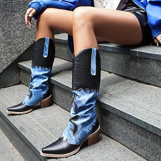 Women Denim Cowboy Boots Patchwork Knee High Boots Colorblock Western Cowgirl -  BigGreenBear.com boots 79.99 USD Big Green Bear