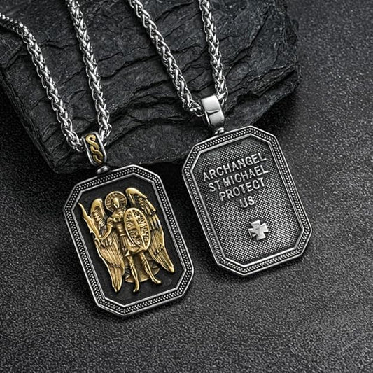 St. Michael Archangel Pendant Necklace -Sword and Shield - Protection Amulet -  BigGreenBear.com jewelry 39.99 USD Big Green Bear