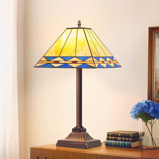 Tiffany Style Table Lamp, Vintage Bedside Nightstand Lamp w/Square Stained Glass -  BigGreenBear.com table lamp 89.99 USD Big Green Bear