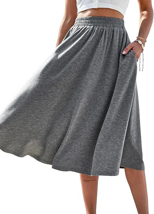 Skirts for Women Midi Length A Line Swing Flowy Skirt with Pockets-Grey