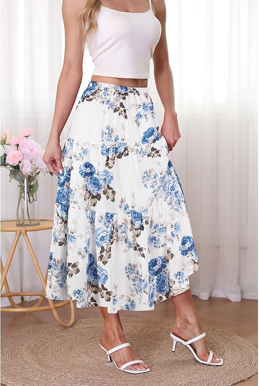 Women's Boho Midi Skirt A-Line Ruffle Elastic High Waist Tiered Flowy Skirts