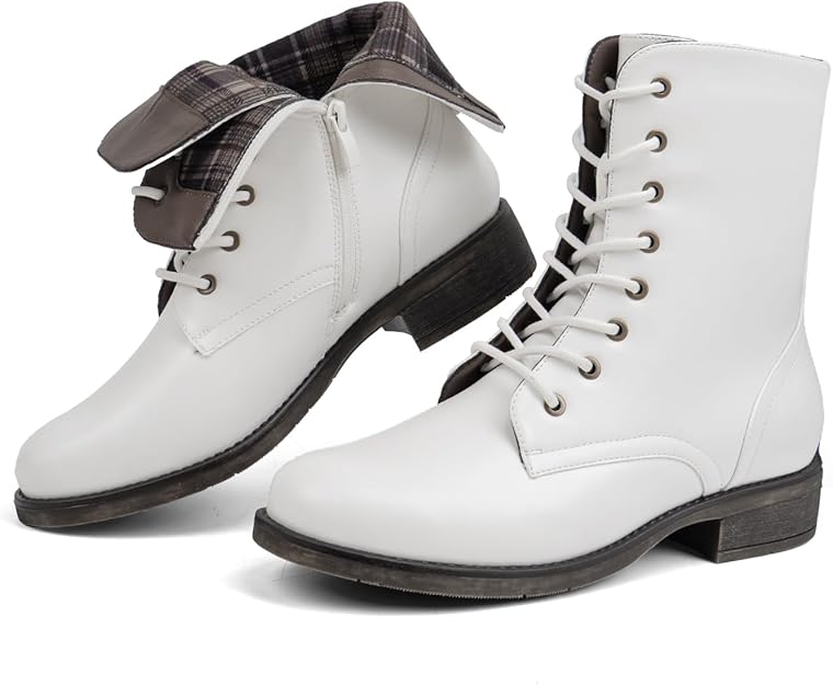 Women's Mid Calf Boots Lace-up Military Combat Low Heel Booties with Zipper