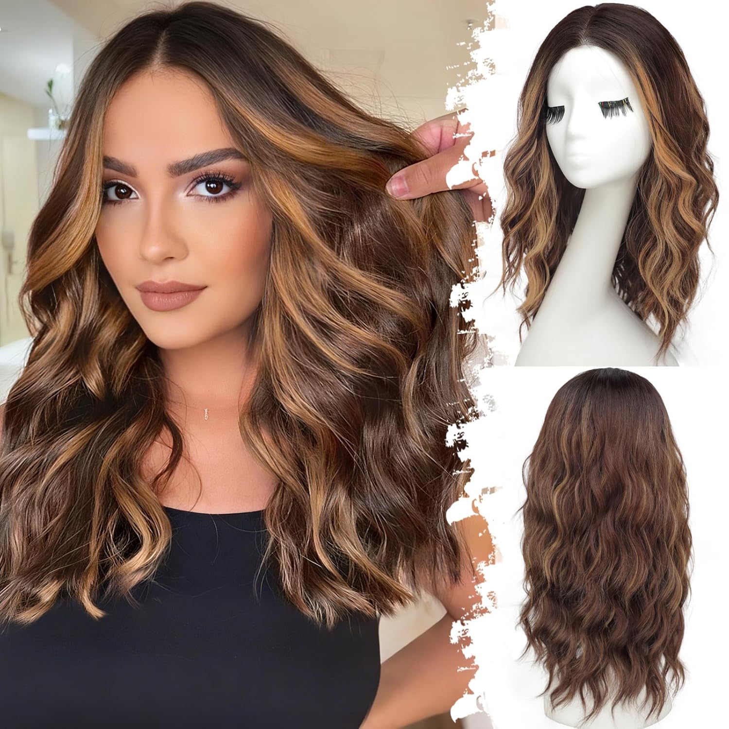 Brown Highlight Long Wavy Wig for Women, Pre-Cut HD Lace Natural Hairline 18" -  BigGreenBear.com Beauty Products 39.99 USD Big Green Bear