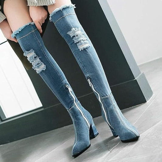 NEW! Denim Ankle Boots for Women Pointed Toe Chunky High Heel  with Side Zipper -  BigGreenBear.com boots 89.23 USD Big Green Bear