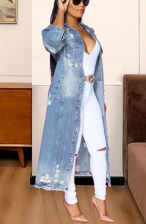 Women's Fashion Ripped Holes Maxi Long Denim Jacket Trench Coat -  BigGreenBear.com clothing 59.95 USD Big Green Bear