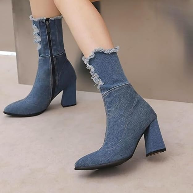 NEW! Denim Ankle Boots for Women Pointed Toe Chunky High Heel with Side Zipper -  BigGreenBear.com boots 72.45 USD Big Green Bear