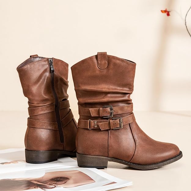 Women's Mid-Calf Cowboy Cowgirl Boots with Low Chunky Heel, Side Zipper -  BigGreenBear.com boots 59.99 USD Big Green Bear