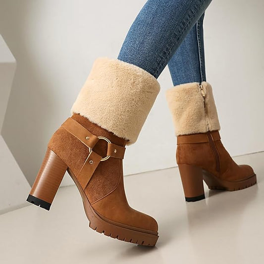 Women's Ankle Boots Platform Boots Side Zip Chunky Heel Booties with Fur -  BigGreenBear.com shoes 49.99 USD Big Green Bear