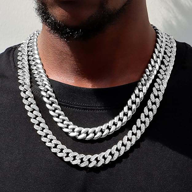 NEW! 2PCS Cuban Link Chain for Men Silver Plated Bling Diamond Chain -  BigGreenBear.com jewelry 19.99 USD Big Green Bear