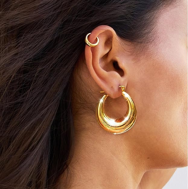 Chunky Gold Hoop Earrings for Women, 14k Gold Plated Thick Triple Hoop Earrings