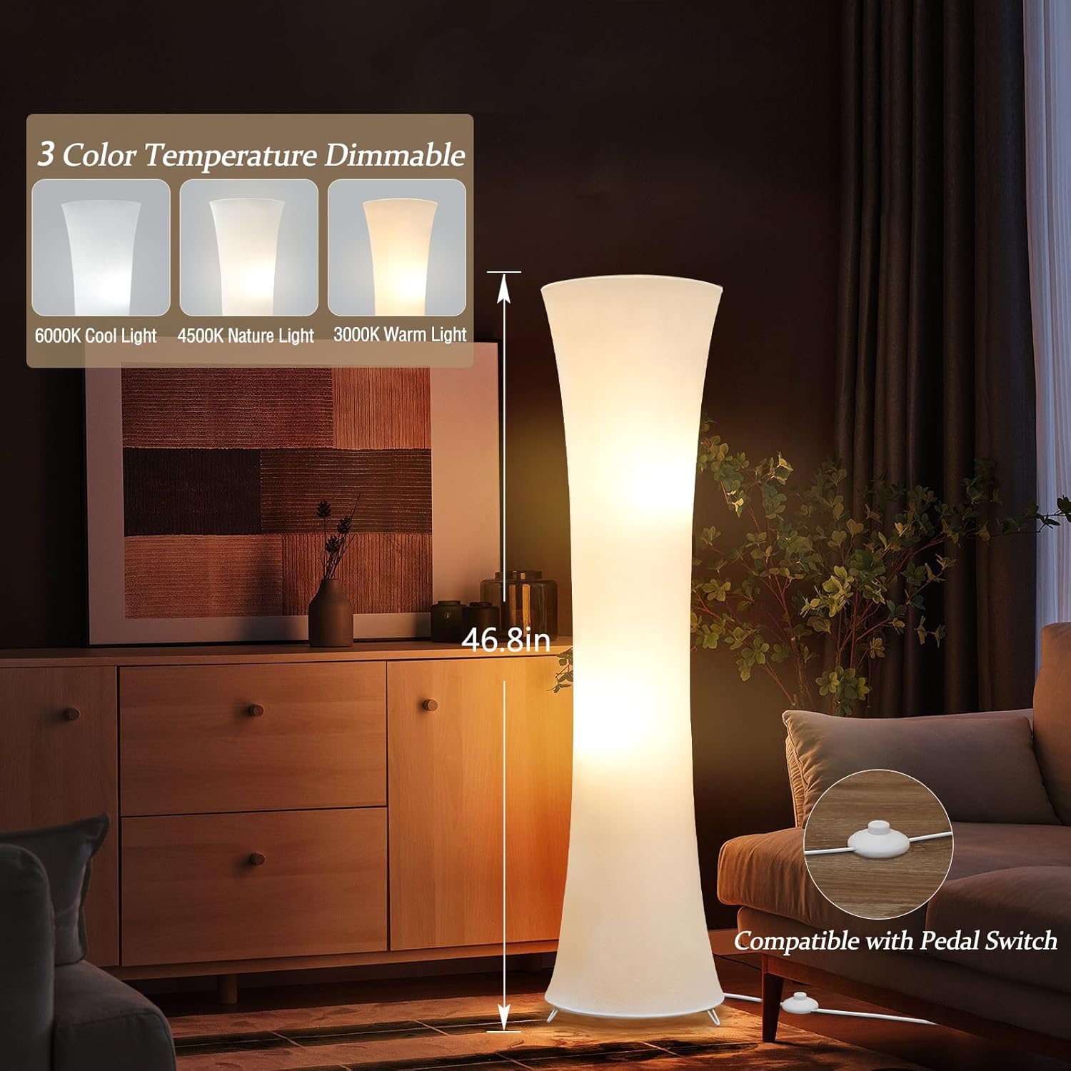 46“ Floor Lamp for Living Room, 3 Color Temperature White Fabric Lampshade -  BigGreenBear.com Lighting 49.99 USD Big Green Bear