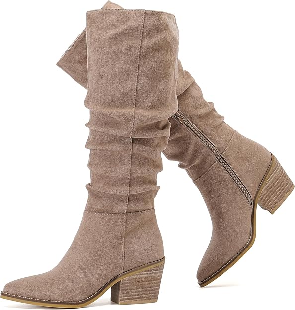 Women's Knee High Boots, Wide Calf Chunky Block Low Heel and Slouchy Pointed Toe -  BigGreenBear.com boots 89.55 USD Big Green Bear