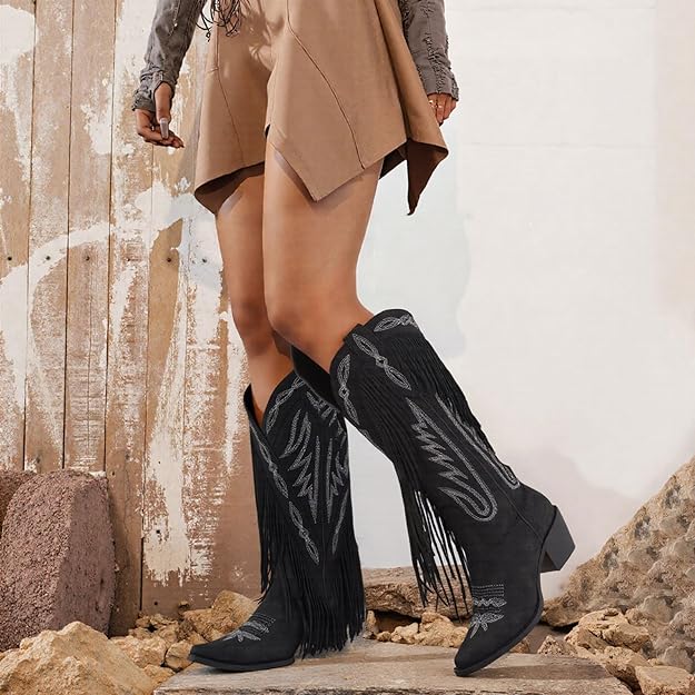 Women Fringe Knee High Cowgirl Western Boots with Classic Embroidery Pointed Toe Chunky Heel -  BigGreenBear.com boots 89.99 USD Big Green Bear